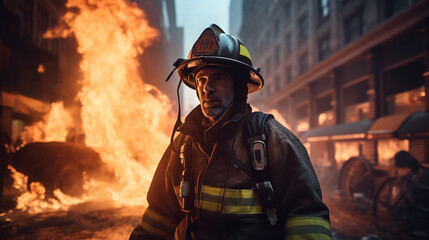 Naklejka premium On the Frontlines of Heroism: Firefighters Against the Inferno, Generative AI
