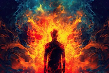 silhouette of a person standing in vibrant red and yellow flames with a dark sorrounding standing for his anxiety, fear, anger and bad mental health - generative ai