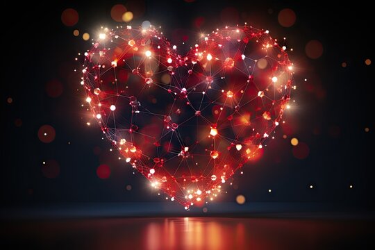 heart background - glowing network in the shape of a heart with romatic sparkles and a lovely glow with copy space -