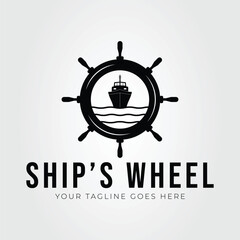 ship's wheel with silhouette ship on ocean logo vector illustration design