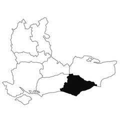Map of East Sussex in South East England province on white background. single County map highlighted by black colour on South east England administrative map.
