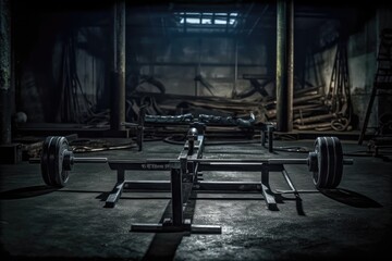 Fototapeta premium Concept depicting a room with weight equipment on a black floor. Generative AI