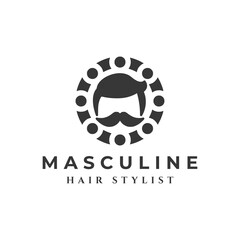 Masculine and Gentleman, Hair Stylist logo design. Silhouette of Handsome Man Male Face with Hairstyle and Moustache. For Salon, Barber Shop, Hairdresser, Hair Cut  Service Logo Design Concept. 