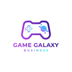 Game Galaxy logo design vector. Console Controller Joystick with Space Cosmic Saturn Planet and Star. For Gamer, Gamer Store, Streamer logo design concept.