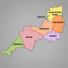  High Quality coloured map of South West England is a region of England, with borders of the ceremonial counties, name and different colour.
