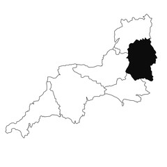 Map of Wiltshire in South West England province on white background. single County map highlighted by black colour on South West England administrative map.