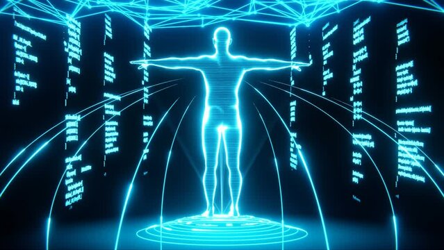 Rotating generic human being hologram with abstract tech interface and scrolling computer code in background. Concept of augmented humanity. Seamlessly looping 3D animation  