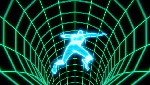 Human being hologram falling down a wireframe tunnel or wormhole.  Seamlessly looping 3D animation