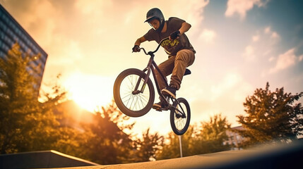 Fototapeta na wymiar Teenage bmx BMX rider in action at skatepark