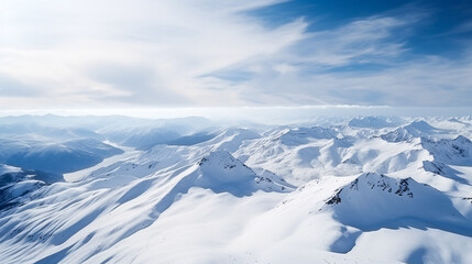Fototapeta premium Drone view, mountain range in winter, snow-capped mountains, ridge. ai generation