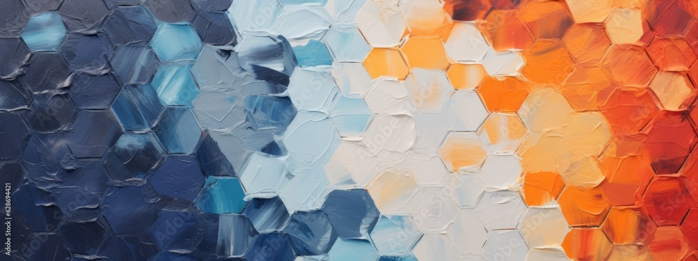 Poster closeup of abstract rough colorful orange and blue geometric hexagonal hexagons art painting texture