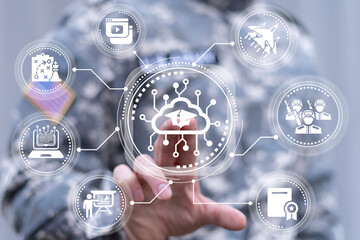 American soldier using virtual touch screen presses icon: cloud with circuit and graduation cap....