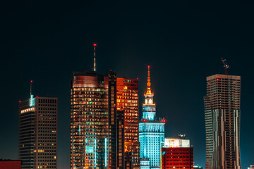 Modern city night view, Warsaw, Poland