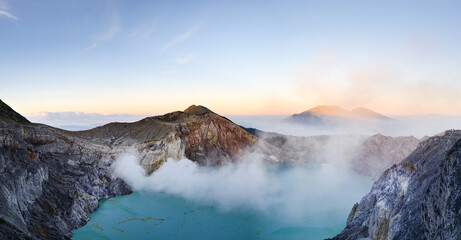 Mount Ijen, a volcano and sulphur mine located near Banyuwangi in East Java, Indonesia. Panoramic...