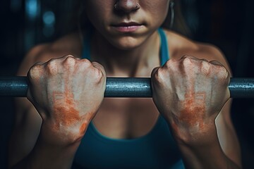 A close-up of a girls hands gripping the barbell