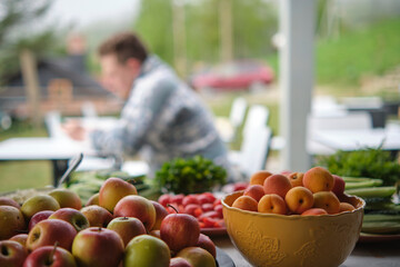 Fresh fruits, vegetables and herbs on plates, outdoors