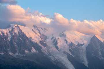Mont Blanc glowing red with the last light of day at sunset
