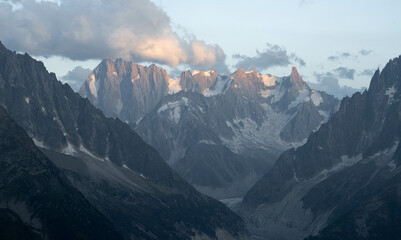 Mer de Glace, Grandes Jorasses and Dent du Géant in the Mont Blanc massif at nightfall