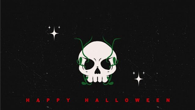 Animated Happy Halloween Text, with animated skulls and plants on a black background
