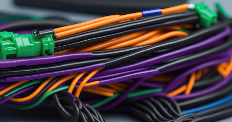 Colorful wire harness and plastic connectors for vehicles, automotive industry and manufacturing