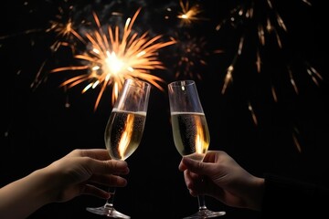 Toast with champagne on New Years Eve and firework in the background, AI generated - obrazy, fototapety, plakaty