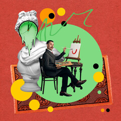 Handsome young man in image of famous painter making masterpiece. Abstract design. Contemporary art collage. Concept of eras comparison, creativity, retro style, classic and modern art