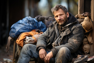 Obraz premium Homeless man sitting on the street, social documentary concept