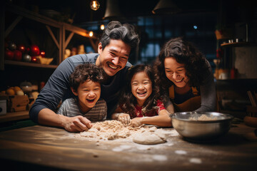 A joyful Asian family affair in the kitchen as kids and their father create sweet memories while preparing cookie dough at Christmas time