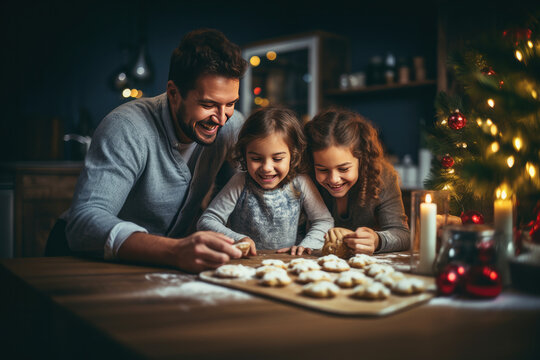 A joyful family affair in the kitchen as kids and their parents create sweet memories while preparing cookie dough at Christmas time