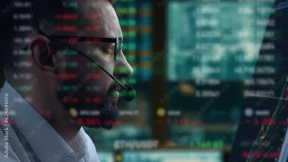 Poster trader is working with computer. screen with stock charts and data analysis. broker trading online. 