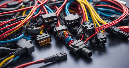 Colorful wire harness and plastic connectors for vehicles, automotive industry and manufacturing - obrazy, fototapety, plakaty