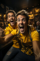 Obraz premium portrait of excited football or soccer fans watch the game cheering