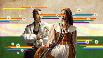 Two women, medieval persons sitting with rainbow elements meaning support of lgbt community....