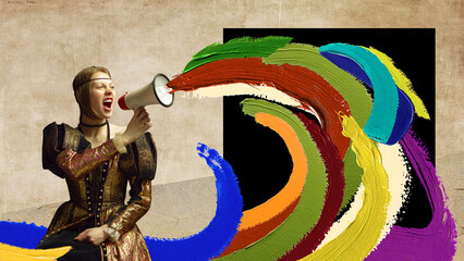 Pretty young girl, royal person in elegant vintage dress shouting in megaphone. Colorful splashes....