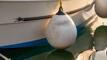 close up view of a Modern yacht fender on the yacht with sea surface reflection 