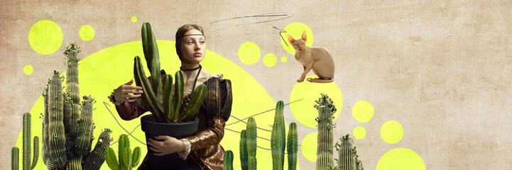 pretty young girl in elegant retro clothing with cactus and cat on background. Contemporary art collage. Lady with ermine remake. Concept of eras comparison, creativity, beauty, history - obrazy, fototapety, plakaty