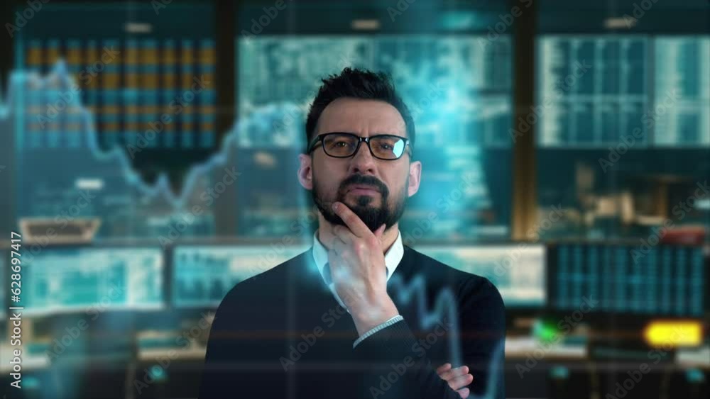 Poster trader is working with computer. screen with stock charts and data analysis. broker trading online. 