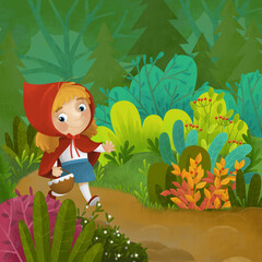 cartoon scene with young girl princess in the wild forest illustration for children