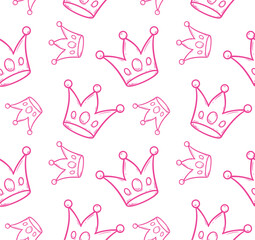 Seamess pattern with doodle crowns and hearts Romantic cute baby print. Little princess design Pink wallpaper for baby girl Vector illustration for children cloth fabric kids pyjamas Pink background.