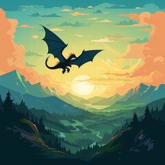 dragon flying on forest background art illustration design
