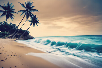 Fototapeta na wymiar Beach with wave and sunset glow Generative AI