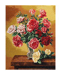 Embroidered picture, still life with bouquet of flowers in vase, cross-stitch on textile canvas, isolated on white background