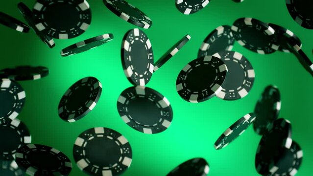 Super Slow Motion Shot of Casino Chips Explosion Towards Camera on Green Background at 1000fps.