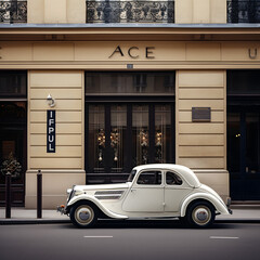 A beautiful classic white French car from the 1930s, exuding elegance, parked on a Parisian street. Generative AI art.