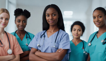 Portrait of a young beautiful nursing student standing with her team in hospital, dressed in scrubs, Doctor intern.