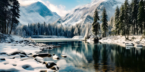 Frozen Winter Wonderland: Alpine Lake in Snowy Landscape - Generative ai