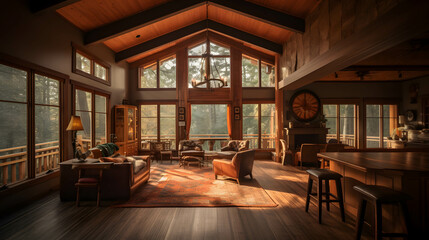 interior of cabin in the woods, wooden cabin decor 