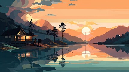 minimal vector landscape with nature mountains snow and a small cabin near pond with beautiful reflections wallpaper