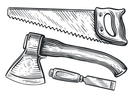 Set of woodworking and carpentry wood work tools. Hacksaw, axe, wood cutter. Sketch vector illustration
