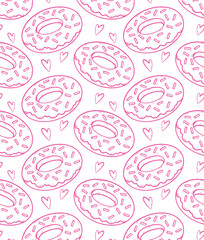 donut seamless pattern pink on white background. Donut icon in a flat style. Seamless pattern, background, card, poster. Template for design. pink
